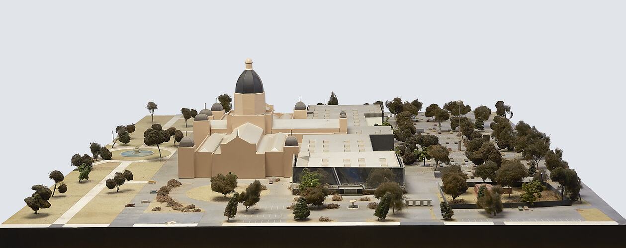 Architectural model of Royal Exhibition Building, Carlton Gardens with fountains, carpark and annexes.
