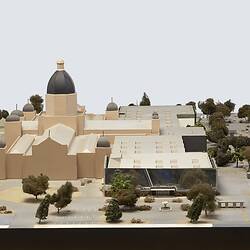 Architectural model of Royal Exhibition Building, Carlton Gardens with fountains, carpark and annexes.