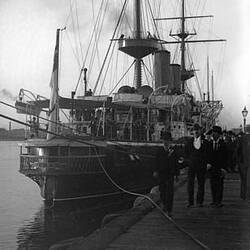 Glass Stereograph Negative - Federation Celebrations, British Cruiser 'Juno' Berthed at Railway Pier, by G.H. Myers, Port Melbourne, Victoria, 1901