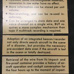 HT 64587, Label - List of Benefits, ARL Flight Memory Recorder, Aeronautical Research Laboratories, Melbourne, Australia, circa 1969 (AIR TRANSPORT), Object, Registered