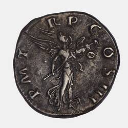 Round coin with standing figure holding trophy facing right. Text around.