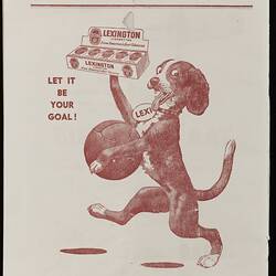 Back white cover of magazine with red printed text and cartoon dog carrying soccer ball.