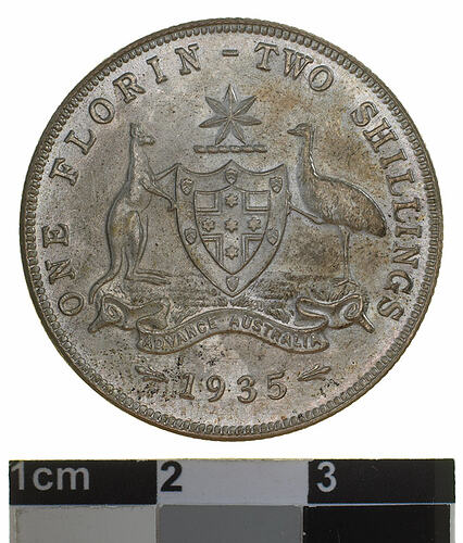 Proof Coin - Florin (2 Shillings), Specimen Strike, Australia, 1935, photographed by Museums Victoria