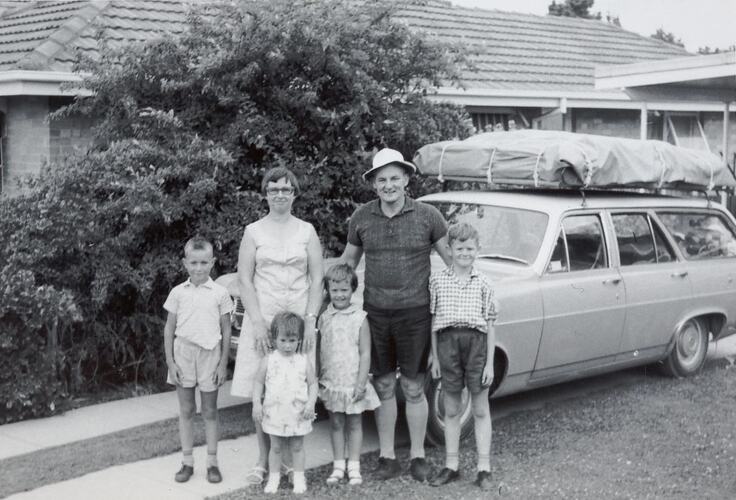 Digital Photograph - Family Standing in Front of their Car, Packed for Holiday, Doncaster East, 1967