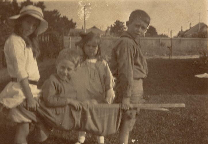 Digital Photograph - 'Playing Wounded Soldiers', Two Boys & Two Girls with Stretcher, Balwyn, circa 1917