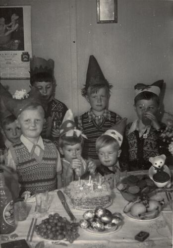 Digital Photograph - Friends Celebrating Boy's 6th Birthday Party, Dining Room, circa 1955