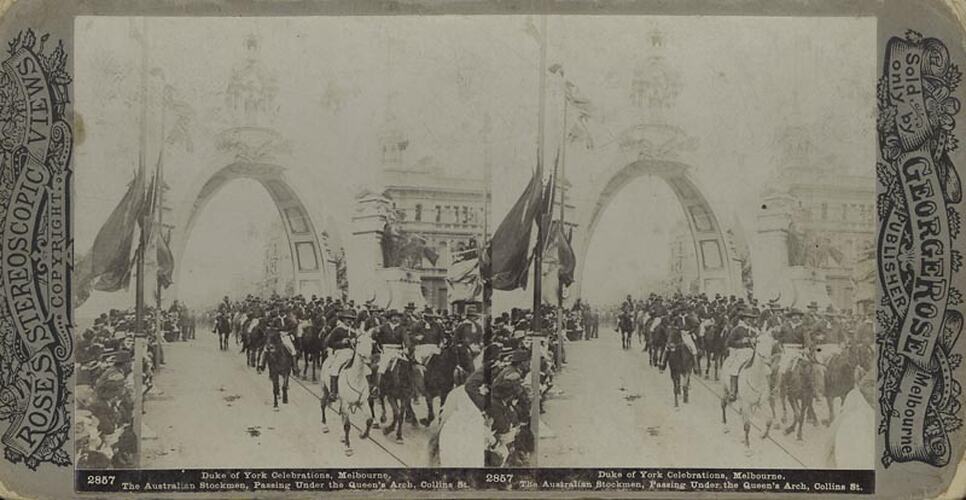 Digital Photograph - Rose's Stereoscopic Views, Duke of York Celebrations, Australian Stockmen Passing under Queens Arch, Melbourne, 1901