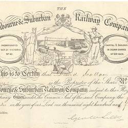Scrip - Melbourne & Suburban Railway Co, Issued Australia, 1859