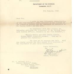Letter - Commonwealth of Australia to Dr. W. Maloney, 9th Jan 1940