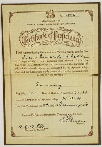 Certificate of Proficiency - Issued to Peter Edward Chettle, Apprenticeship Commission of Victoria, 15 Feb 1946