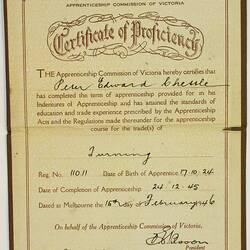 Certificate of Proficiency - Issued to Peter Edward Chettle, Apprenticeship Commission of Victoria, 15 Feb 1946