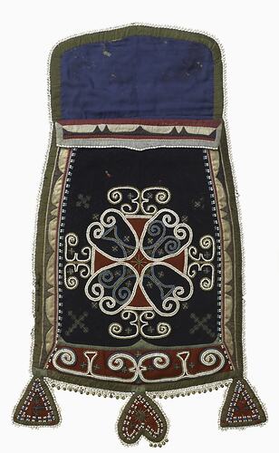 Decorated purse (front view with open flap)