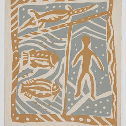 Greeting Card - Fish, Goanna & Human Figure, Silver & Mustard, No. A0070, circa 1949-1955