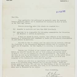 Letter - Settlement Application Consideration, Myerscough, 1963