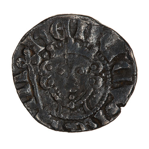 Coin, round, crowned bust of the King facing within a beaded circle, holding a sceptre; around.