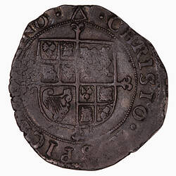 Coin, round, shield quartered with the arms of England, France, Scotland and Ireland.