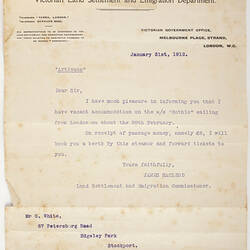 Letter - Victorian Land Settlement and Emigration Department, 31/01/1912