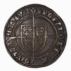 Coin, round, Royal shield, quartered with the arms of England and France, on a cross fourchee; text around.