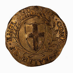 Coin, round, Within a wreath of palm and laurel a shield bearing the cross of St. George; text around.