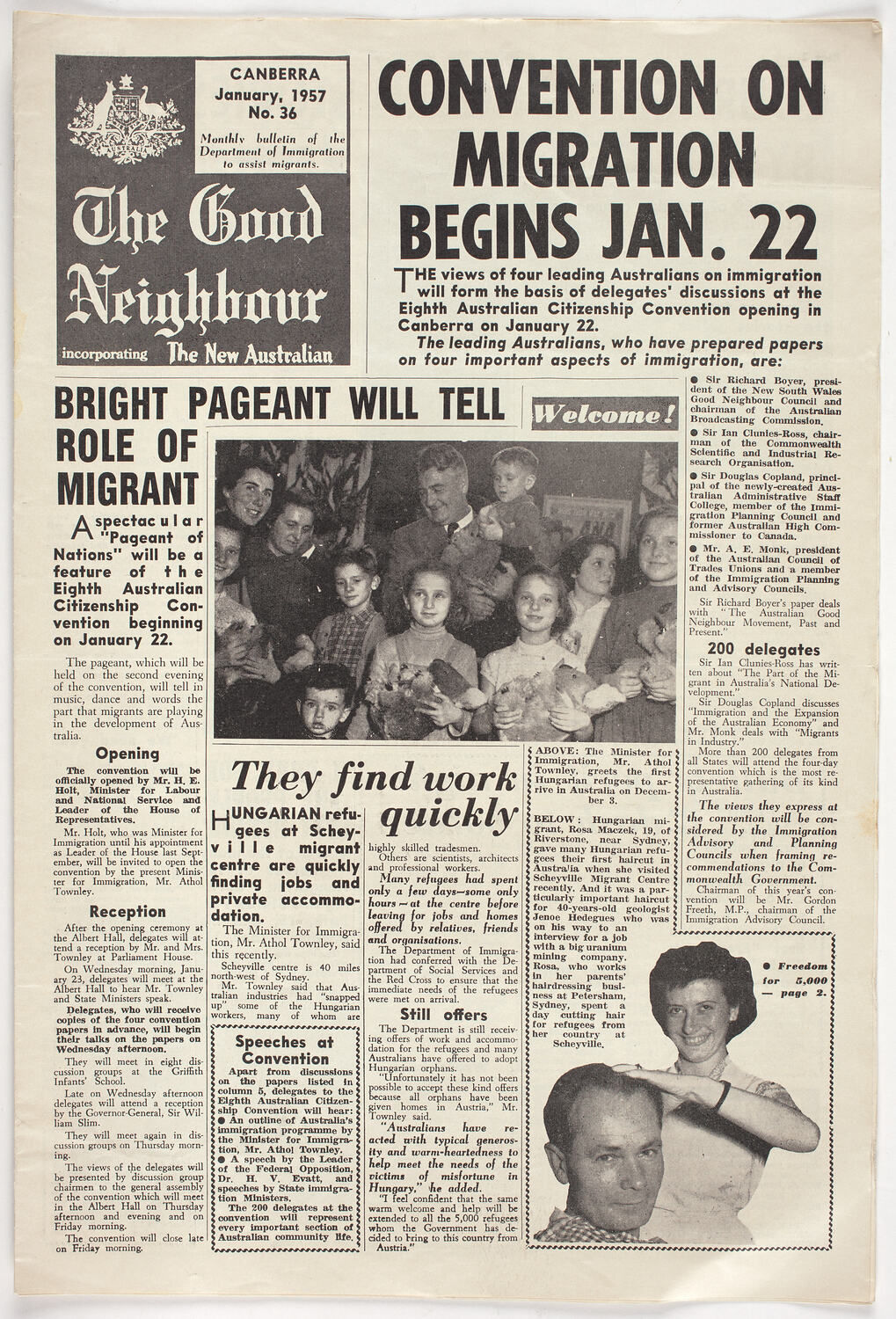 Newsletter - The Good Neighbour, Department Of Immigration, No 36, Jan 1957