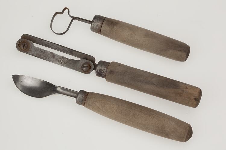 Scooper, peeler and stone remover used in fruit canning