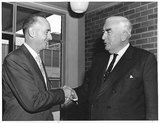 Photograph - Kodak Australasia Pty Ltd, Prime Minister Robert Menzies Shaking Hands with Kodak General Manager of Manufacturing Stuart Sanderson at the Official Opening of Kodak Factory, Coburg, 1961