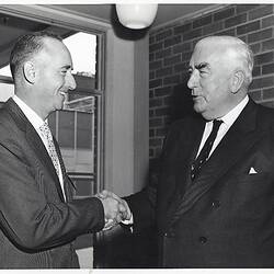 Photograph - Kodak Australasia Pty Ltd, Prime Minister Robert Menzies Shaking Hands with Kodak General Manager of Manufacturing Stuart Sanderson at the Official Opening of Kodak Factory, Coburg, 1961