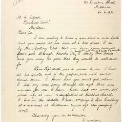Letter - Ward to Telford, Phar Lap's Death, 14 Apr 1932