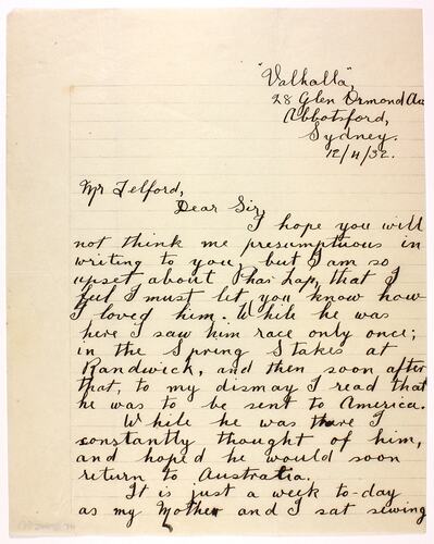 Letter - Roebuck to Telford, Phar Lap's Death, 12 Apr 1932