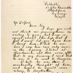 Letter - Roebuck to Telford, Phar Lap's Death, 12 Apr 1932