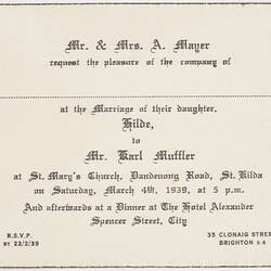 Wedding Invitation - Karl Muffler & Hilde Mayer, 1939