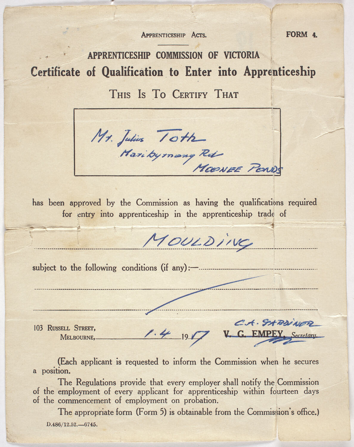 Certificate - Qualification to Enter into Apprenticeship, Issued to ...