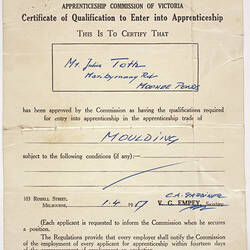 Certificate - Qualification to Enter into Apprenticeship, Issued to Julius Toth, Apprenticeship Commission of Victoria, 1 Apr 1957