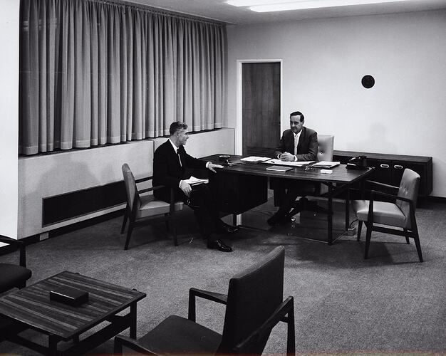 Photograph - Kodak Australasia Pty Ltd, Interior View of Office with John Habersberger and Elvin Teasdale from Building 8, Head Office & Sales & Marketing at the Kodak Factory, Coburg, 1964