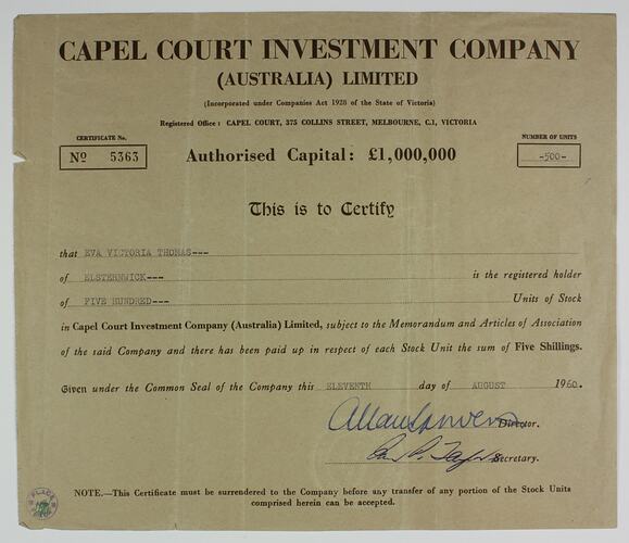 Scrip - Capel Court Investment Company, Melbourne, Victoria, 1960