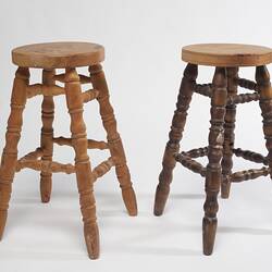 Stools - Wooden (Two of), Turned Legs, Adolph Bruhn & Son, South Melbourne, Victoria, circa 1970s-1980s