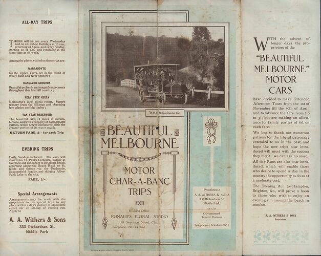 Flyer - 'Beautiful Melbourne, Motor Char-a-banc Trips', 1910s