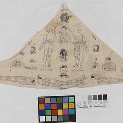 Reverse of off-white triangular cotton sling decorated with black how -to-use instructional drawings.