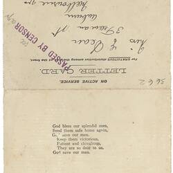 Letter Card - William Henry Dean to Elsie Dean, World War 1, 1916