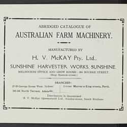 Catalogue - H.V. McKay, 'The Sunshine Harvester Works',  Australian Farm Machinery, circa 1925