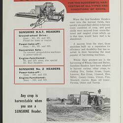 Publicity Brochure - H.V. McKay Massey Harris, 'Sunshine Header Harvesters', 1947
