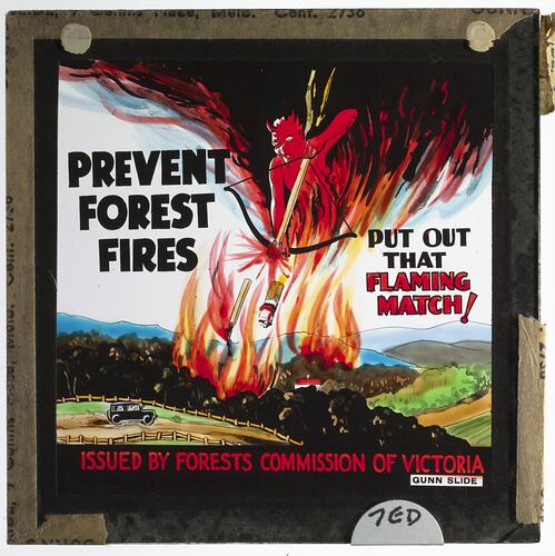 Lantern Slide - 'Prevent Forest Fires', Coloured Advertisement, for use with BANZARE Lantern Slides & Film,circa 1929-1940