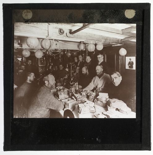 Lantern Slide - Christmas Day Celebrations on the Discovery, BANZARE Voyage 2, Antarctica, 25 Dec 1930
