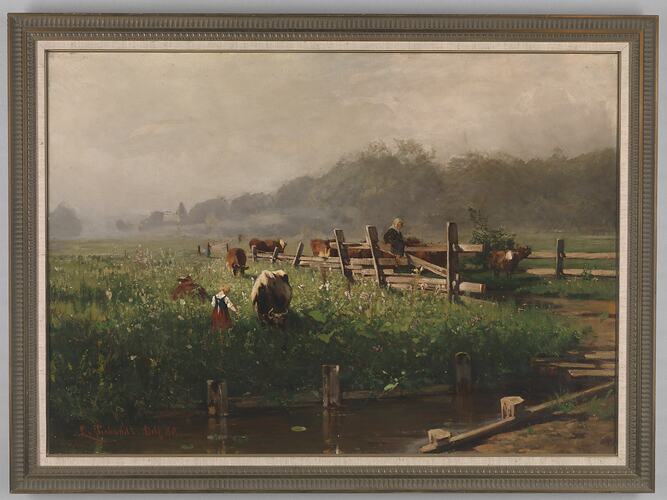 Rural landscape. Three figures and cows in field, delapidated fence behind and in foreground. Gold frame.