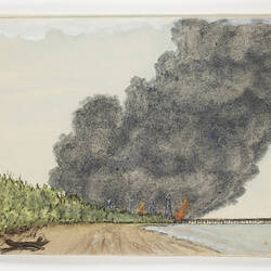 Colour artwork on off-white paper of a beach scene with fire and a large billow of smoke in the background,