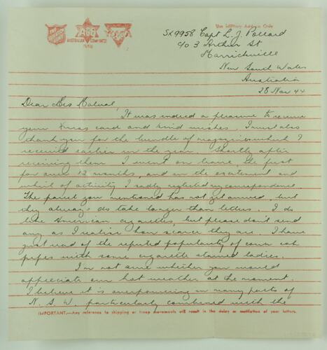 Letter - Leo James Pollard, to Margaret Malval, Thank You & Conditions in Australia, 28 Nov 1944