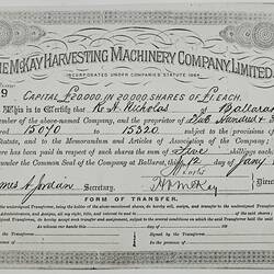 Copy of Scrip - The McKay Harvesting Machinery Co. Ltd., Ballarat, 1892