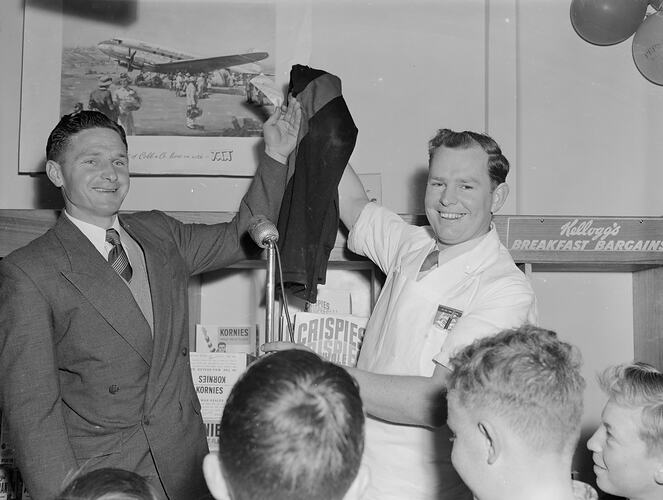 Two Male Presenters in Supermarket, Essendon, Victoria, Aug 1954