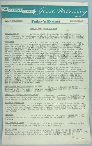 Information Sheet - P&O SS Stratheden, 'Today's Events', Indian Ocean, 27 Nov 1961