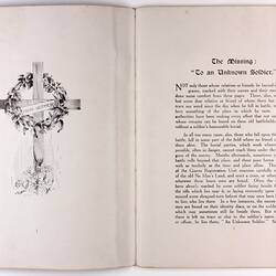 Open book page with illustration of cross shaped grave marker on right page and printed text on left.